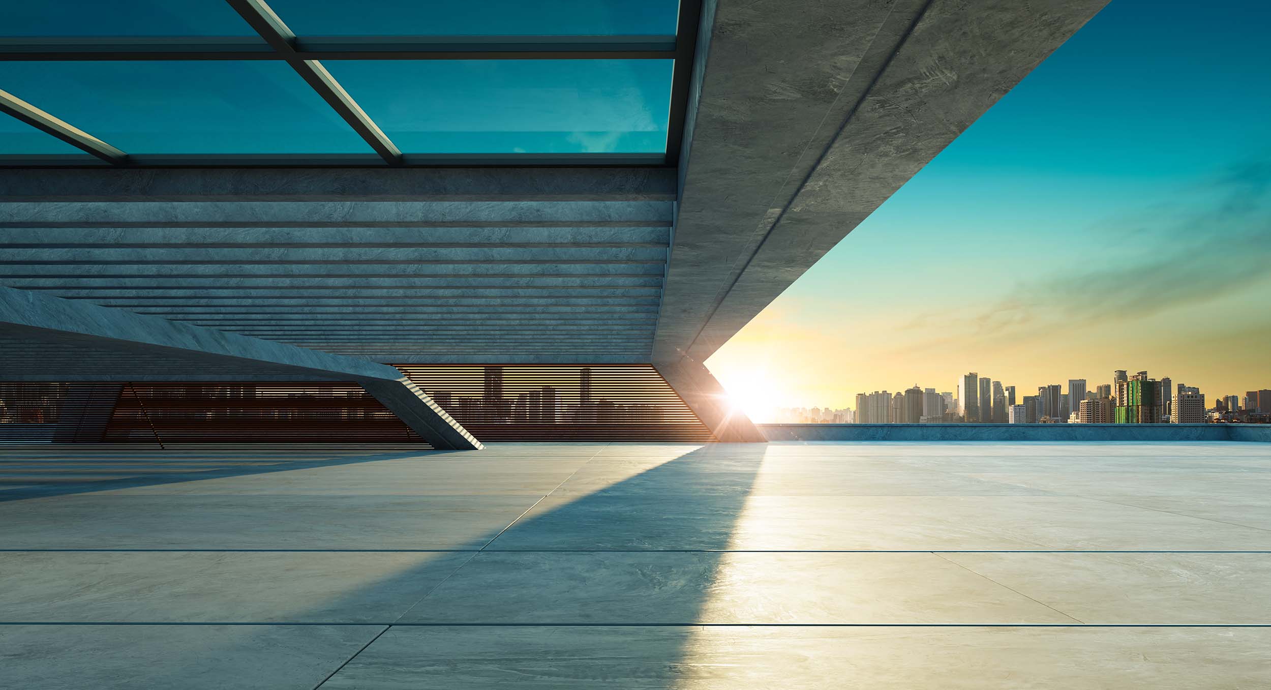 Concrete surface and cover, with cityscape in the background